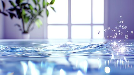 A close-up shot of clear blue water with gentle ripples and a burst of water droplets, with a blurred indoor plant and window in the background.