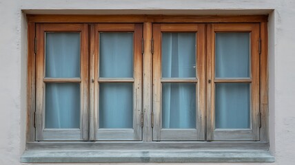 Rustic Wooden Window with Blue Curtains and Old World Charm
