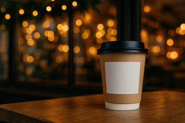 Warm coffee cup sitting on a wooden table in a cozy cafe with blurred lights