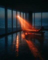 Dramatic Orange Light Beam Striking a Single Lounge Chair in Dark Room with Panoramic Windows, Ocean View at Dusk, Conceptual Solitude, Warmth and Deep Relaxation Spa Interior