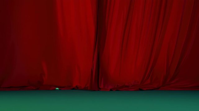 Red curtain stage theater performance velvet spotlight green backdrop dramatic opening symmetry stir curiosity as curtains part to reveal glowing space, inviting anticipation and wonder within