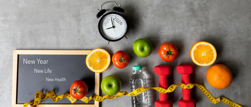 New Year for New Changes Healthy 2024.  Fresh vegetable fruits and healthy food for sport equipment for women diet slimming weight loss.  Healthy and Holiday Concept