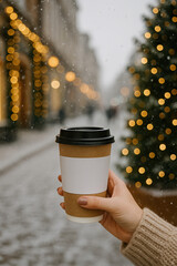 Enjoying warm coffee on a snowy day in a festive street lined with twinkling lights
