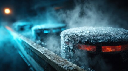 Intense Contrast: Close-up of Ice and Steam on Industrial Heating Elements with Glowing Red and Blue Light in a Cold Dark Setting, Abstract Hot Cold Dynamic