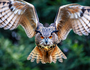 Majestic Eurasian eagleowl flying forward with wings spread wide.