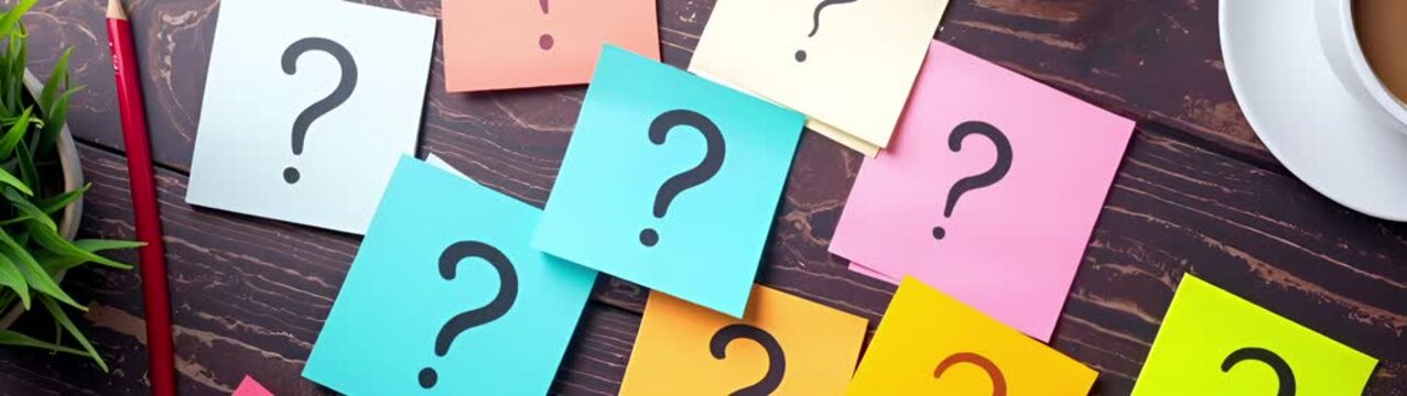 Question marks on colorful sticky notes scattered on wooden desk with office supplies.