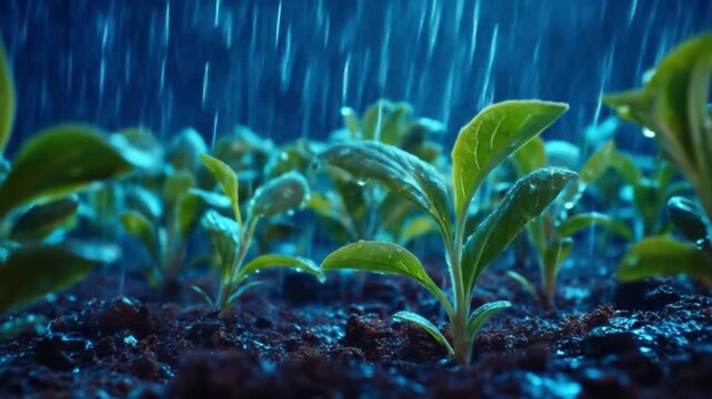 Green plants under rainfall moisture closeup nature scene ecology