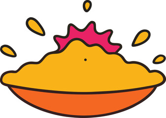 Vibrant explosion of yellow powder erupting from an orange bowl symbolizing celebration and festive color splashes against a dark background