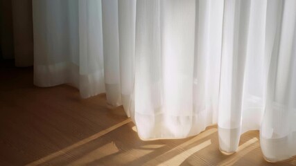 Curtains white sheer sunlight through window creates calm background texture as soft glow spreads across wood floor, gentle shadow pattern warm surface, minimal natural ambiance with airy fabric glow - Powered by Adobe