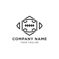 A minimalist black and white line art logo featuring a stylized football icon within a geometric diamond shape, with placeholder text 
