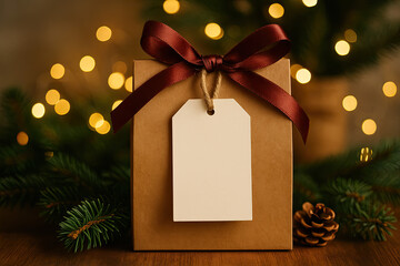 Gift box wrapped with a burgundy ribbon and blank tag surrounded by festive lights