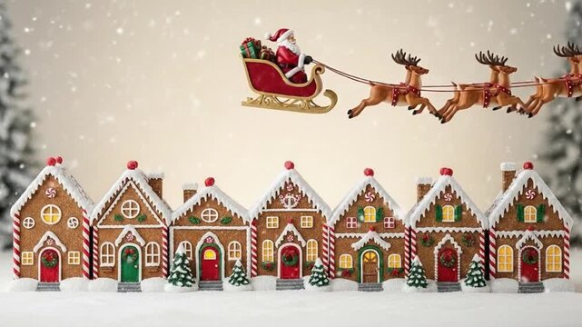Magical Christmas animation with Santa Claus in a sleigh pulled by reindeer flying above a row of decorated gingerbread houses under falling snow.