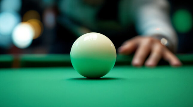 Professional billiards player striking cue ball, close-up sharp focus on white ball