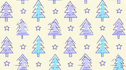 Colorful pattern featuring stylized evergreen trees and stars on a light background, ideal for festive designs, textiles, or holiday-themed projects showcasing creativity and joy