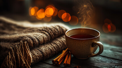Warm cup of spiced beverage on wooden tray with cinnamon sticks, cozy knitted blanket in soft focus, creating a comforting atmosphere for winter relaxation and enjoyment