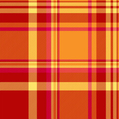Online textile seamless tartan, outfit plaid background check. Pixel fabric pattern vector texture in red and orange colors.