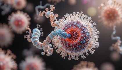 Detailed microscopic view of a virus cell with complex protein structure render