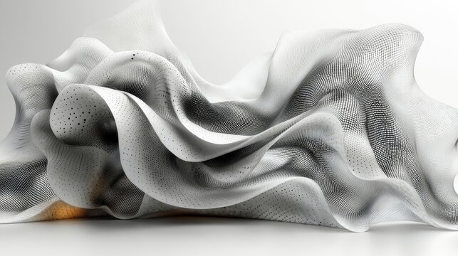 A close-up, abstract view of a white, textured fabric with a subtle dotted pattern, flowing and undulating in soft, diffused light. The fabric has a delicate, a