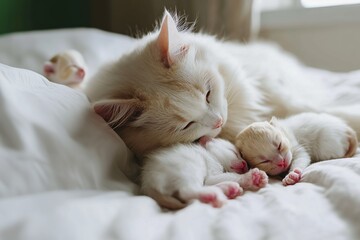 A nurturing mother cat cuddles with her newborn kittens on a cozy bed, showcasing tenderness and maternal love.