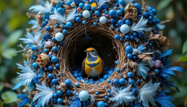 A charming bird rests inside a decorative nest adorned with blue berries and white flowers - Powered by Adobe