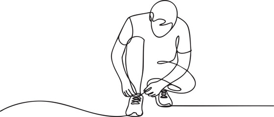 Fototapeta premium Continuous single line drawing of a person crouching down to tie their shoelaces, minimalist athletic pose illustrated in clean modern outline vector style