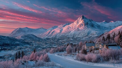 Breathtaking Arctic Winter Landscape at Sunset with Snow-Covered Mountains and Village Below a Vibrant Pink and Red Sky, Scenic Christmas Travel Destination in Norway