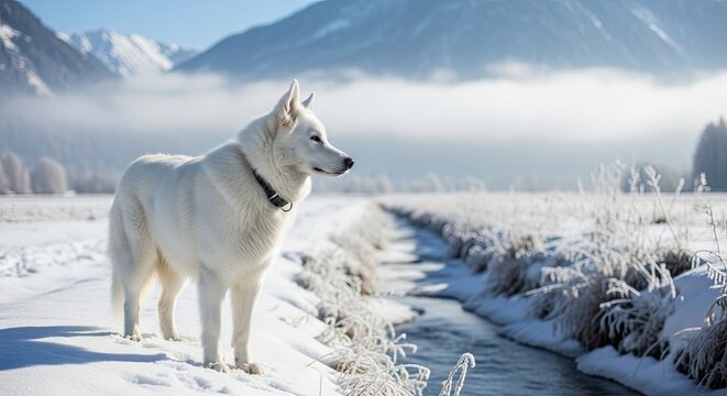 A beautiful white sled dog stands on a snowy riverbank in a vast, frosty valley, looking out at a majestic mountain range on a crisp, sunny winter morning - Powered by Adobe