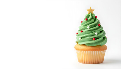 Christmas tree cupcake on white background, festive holiday dessert with green frosting and colorful sprinkles, horizontal composition, copy space