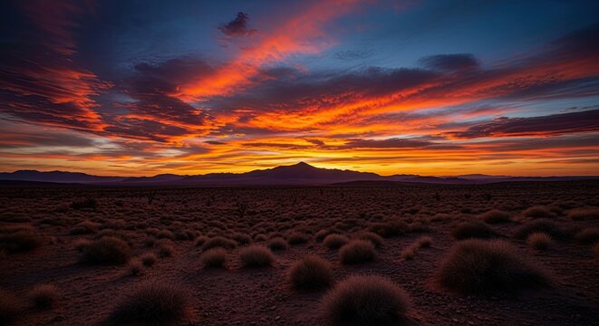 A dramatic fiery sunset with brilliant orange and red clouds glowing above a tranquil desert wilderness and a distant mountain range silhouette at twilight - Powered by Adobe