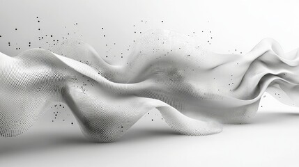 A flowing, wave-like structure composed of tiny white dots, with scattered black particles drifting around it. The background is a clean, bright white, suggesti