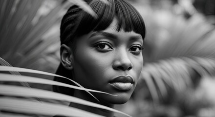 A stunning black and white close-up portrait of a beautiful woman with a stylish braided hairstyle, gazing confidently at the camera amidst lush tropical foliage