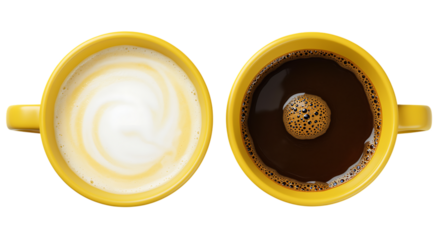 Two yellow cups of coffee, one with milk and the other one is black isolated on transparent background