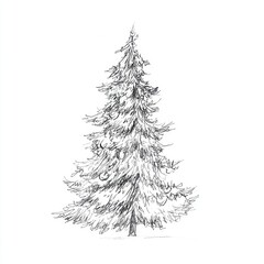 Artistic Hand Sketched Christmas Tree Line Drawing with Detailed Shading Isolated on White Vintage Ink Pen Style Pine or Fir Botanical Illustration