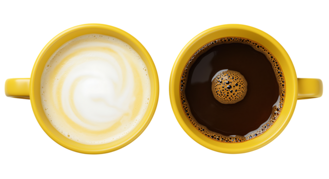 Two yellow cups of coffee, one with milk and the other one is black isolated on transparent background
