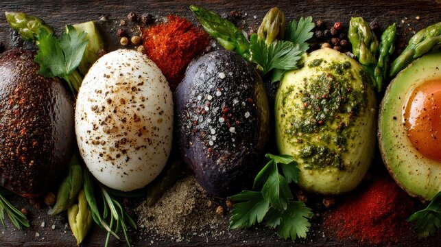 A visually appealing arrangement of three boiled eggs (one white, one purple, one green with pesto), a halved avocado with a cooked egg yolk, asparagus spears,