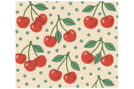 Juicy red cherries and green leaves creating a vintage polka dot seamless pattern on a textured pale yellow background - Powered by Adobe