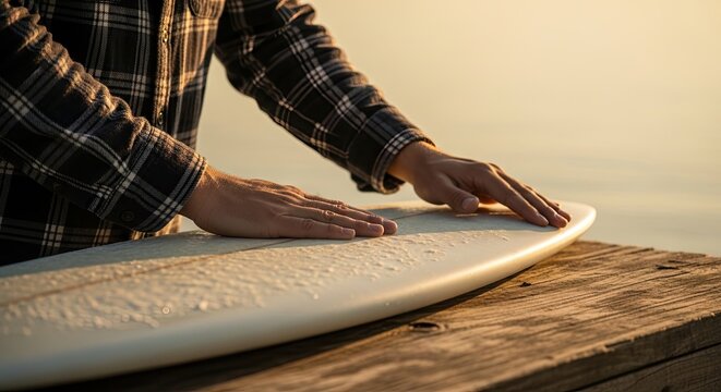 Close-up of a surfer's hands on a waxed surfboard resting on a rustic wooden dock, with the warm, soft light of a beautiful sunrise or sunset creating a peaceful mood