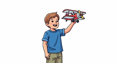 Happy young boy playing with a toy airplane, dreaming of flying adventures. © Mus