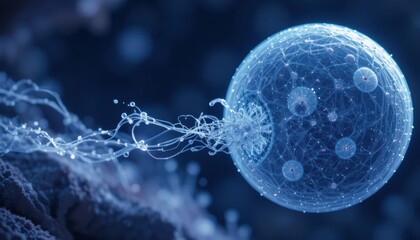 Microscopic representation of cellular interaction featuring a complex blue structure