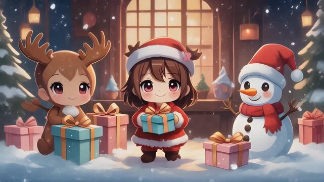 Mini chibi Santa, reindeer, and snowman characters packing tiny pastel gift boxes, oversized ribbons, fluffy snow falling indoors, warm cozy glow, cute soundless animation style, soft gradients.