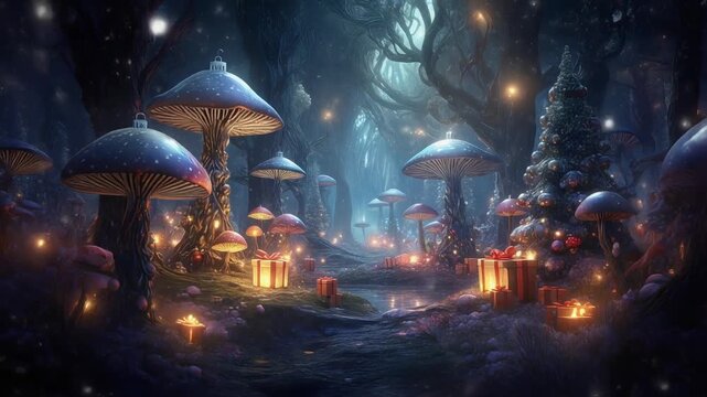 A forest made of giant Christmas ornaments as trees, shimmering surfaces reflecting soft snowflakes, glowing gift boxes scattered like mushrooms, dreamy surreal fantasy style, slow sweeping camera sho