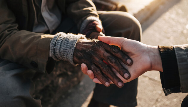 A closeup of a kind gesture showing compassion and empathy one clean hand holding a dirty, worn hand. Powerful symbol of help, charity, and support in times of need.
