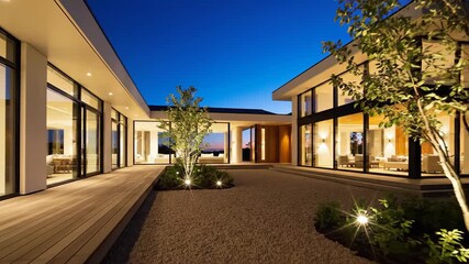 Modern Luxury Residence Exterior at Dusk with Architectural Lighting.