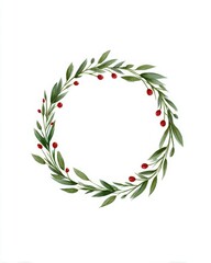 Watercolor Christmas Wreath Frame with Olive Green Leaves and Red Berries on White Background | Hand-Painted Botanical Holiday Design Element