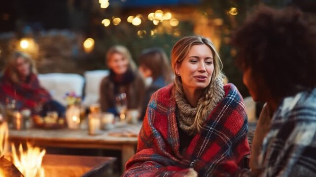 Group of smiling friends enjoying evening outdoors near fire pit
