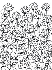 Clover flowers black and white. Flower of luck. Cute illustration of a field with clover. Black outline. Coloring page.