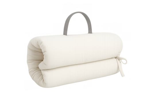 Rolled-up futon mattress with handle, white portable textile bedding cushion showing comfort and flexibility on transparent background