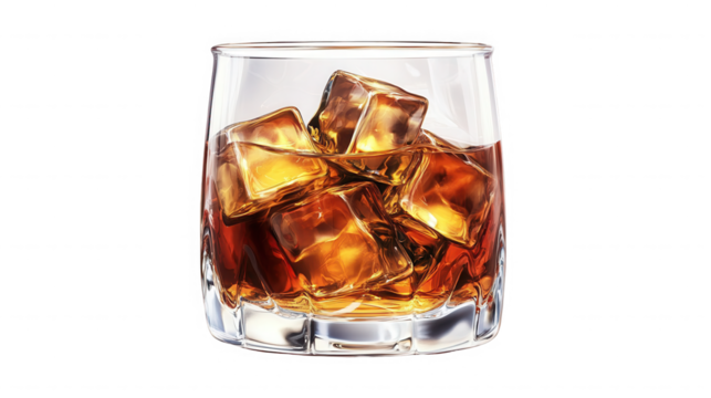 Close up shot of a glass filled with a brown liquid and ice cubes against  scene on transparent background