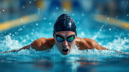 Professional swimmer in competition captured at water level mid-stroke.
