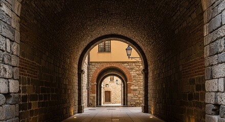 A symmetrical view through a series of ancient stone and brick arches in a historic old town, creating a mysterious and atmospheric passageway with warm, low lighting